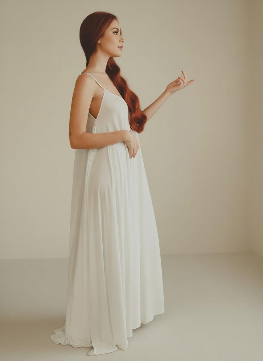 Spaghetti straps long V neck floor length sleeveless comfortable dress