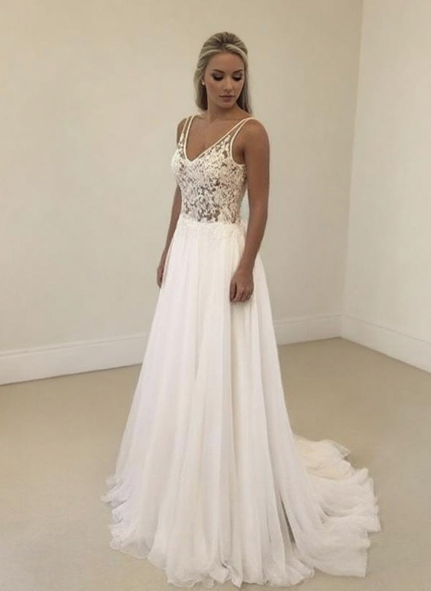 Sweep length pure white lace dress floral design