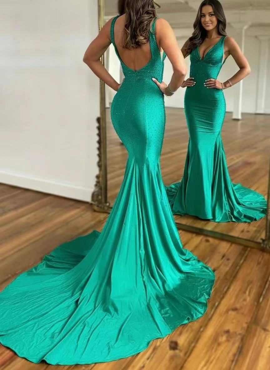 Court length Satin Deep V neck sleeveless wedding and formal party dress