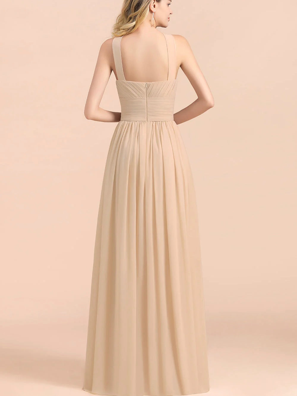 Satin sleeveless floor length square shape back bridal party and prom dress