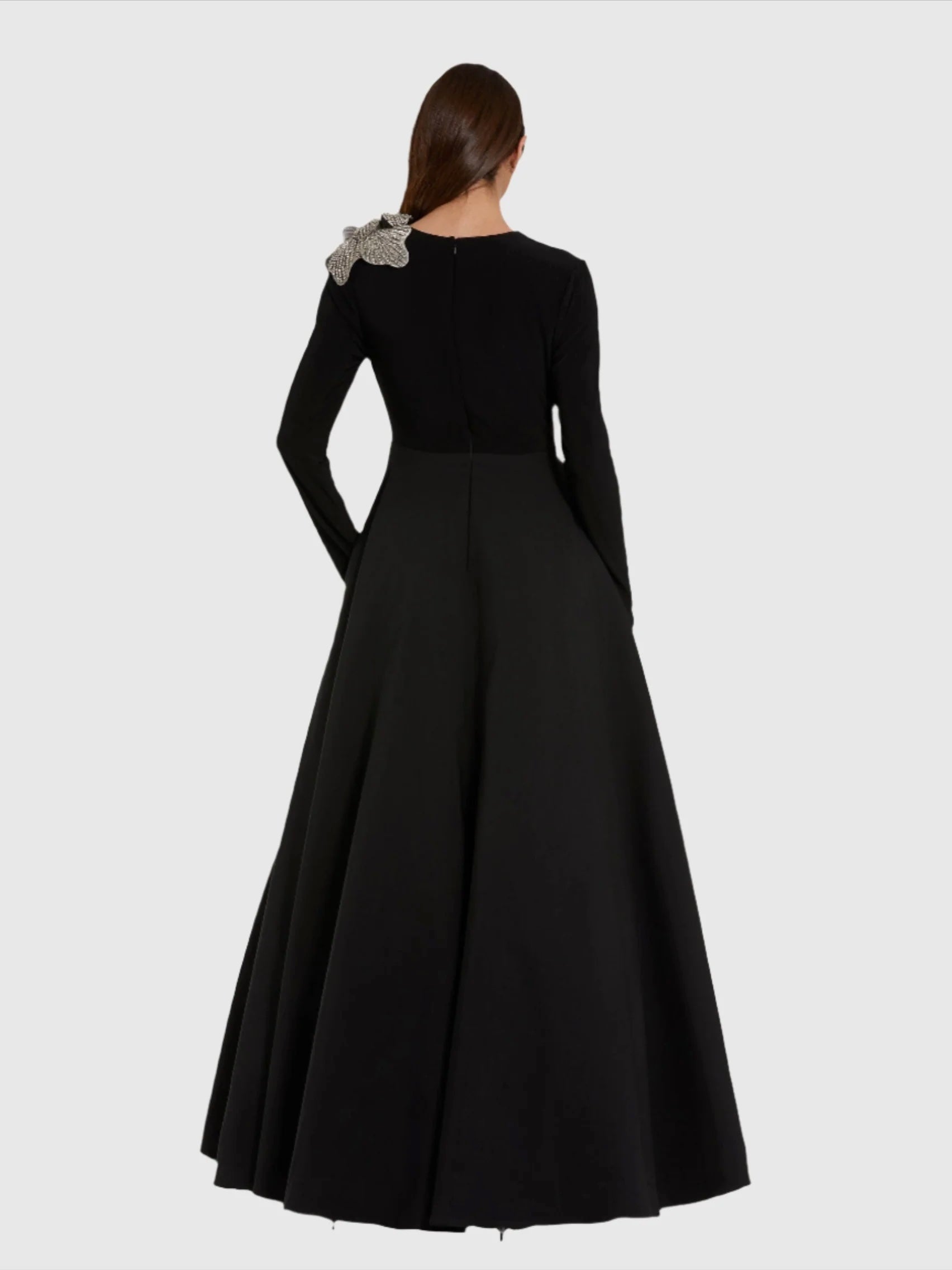 Elegant Satin Unique boat neck full sleeve floor length wedding and formal party dress