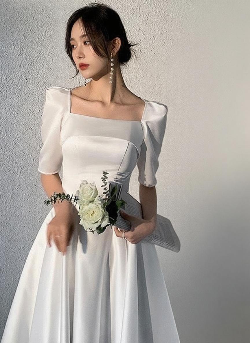 Satin Quartar length short sleeve Bridal and bridesmaid dress