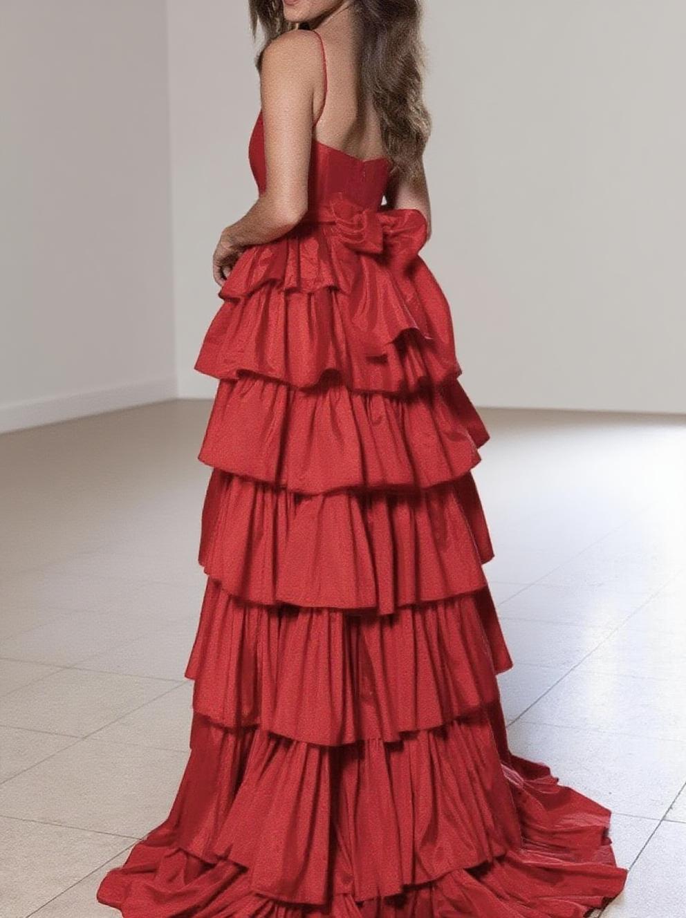 Formal gown Speghetti straps tiered layered V neck party dress