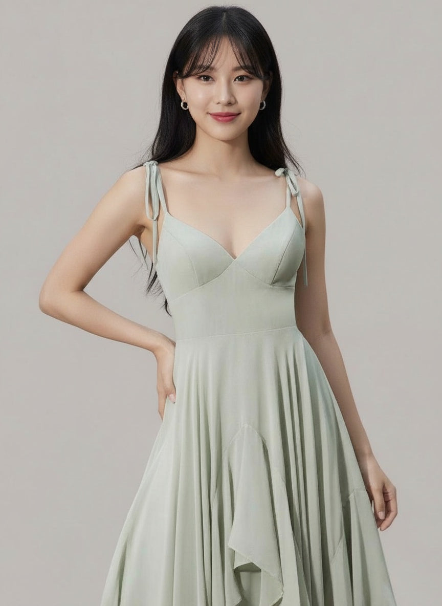 Chiffon A-line Bridesmaid Dresses V-neck Bow Spaghetti Straps Layered Ruffle