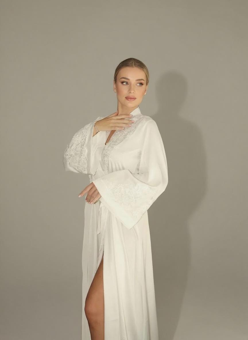 Satin and floral lace long sleeve small v high neck floor length dress