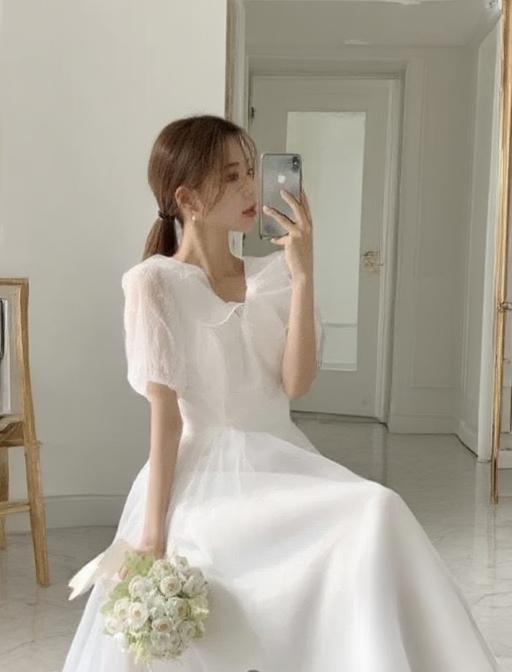 Pure white satin short sleeve small neck elegant bridal dress