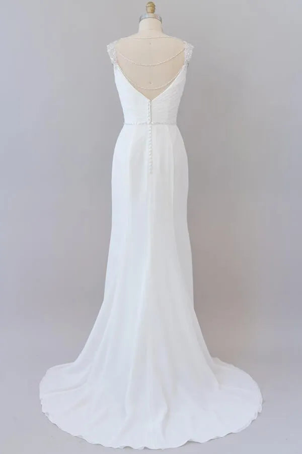 Court length Elegant Ruffle Beading Chiffon Sheath Wedding Dress
