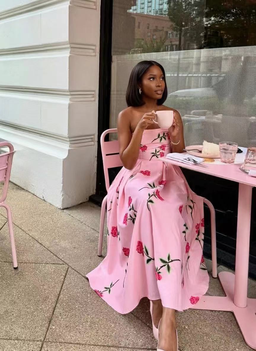 Satin flower imprinted off the shoulder sleeveless floor length party dress