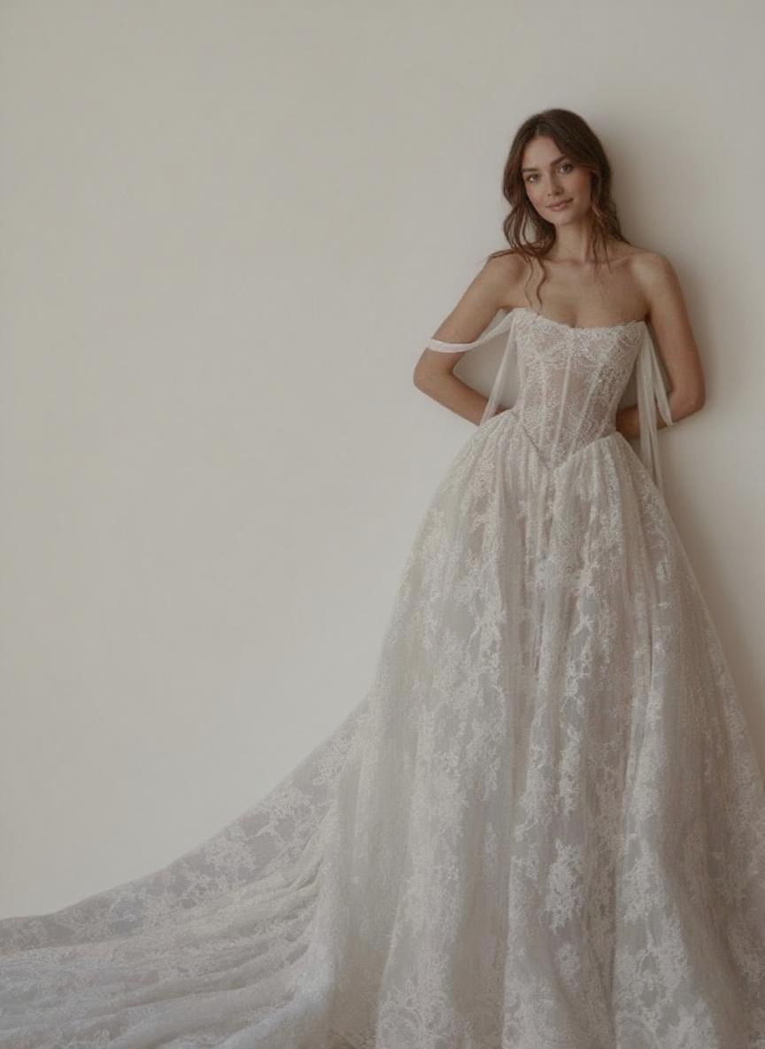 Chapel length off the shoulder floral lace design Bridal excotic dress