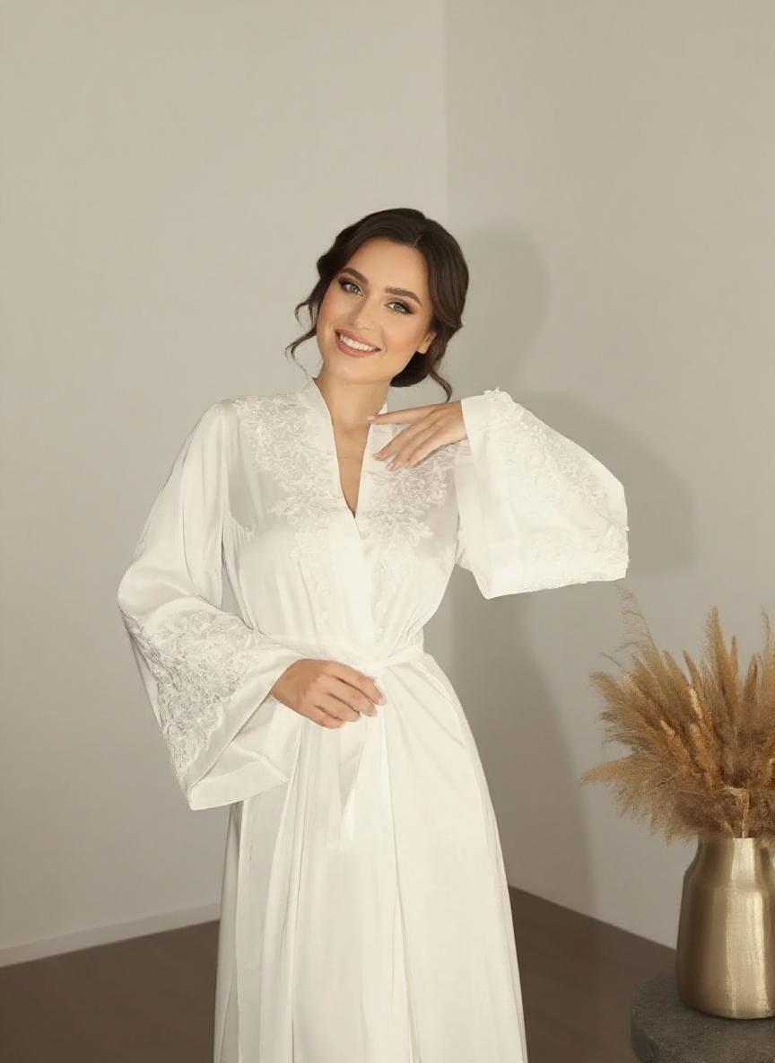 Satin and floral lace long sleeve small v high neck floor length dress