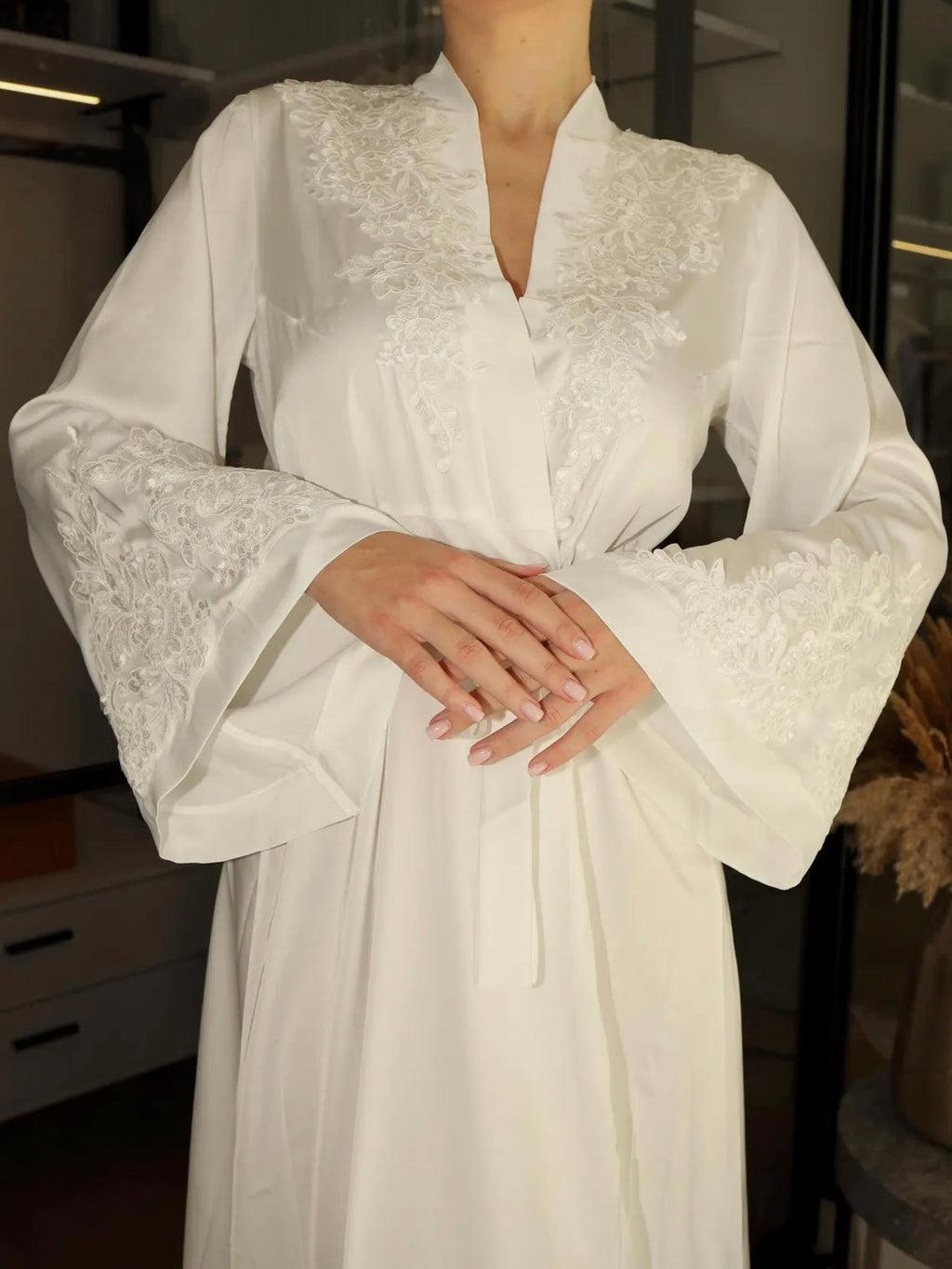 Satin and floral lace long sleeve small v high neck floor length dress