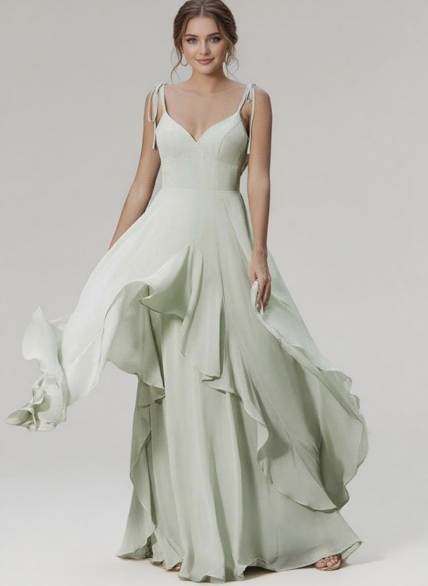 Chiffon A-line Bridesmaid Dresses V-neck Bow Spaghetti Straps Layered Ruffle