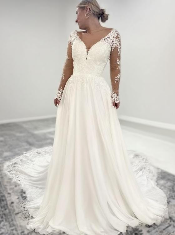 Cathedral length Lace and Chiffon full sleeve V neck backless bridal dress