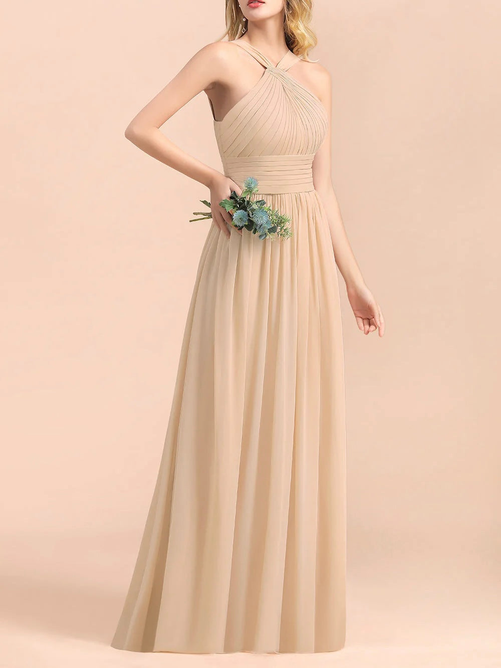 Satin sleeveless floor length square shape back bridal party and prom dress