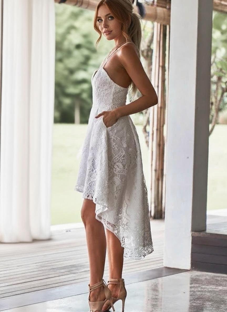 Spaghetti straps deep V neck sleeveless knee length floral lace designed party dress