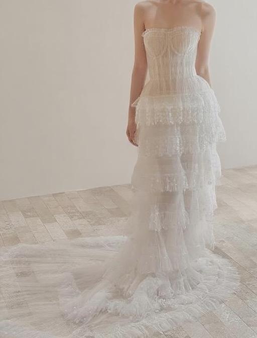 Off the shoulder Tiered layered chapel length beautiful bridal dress