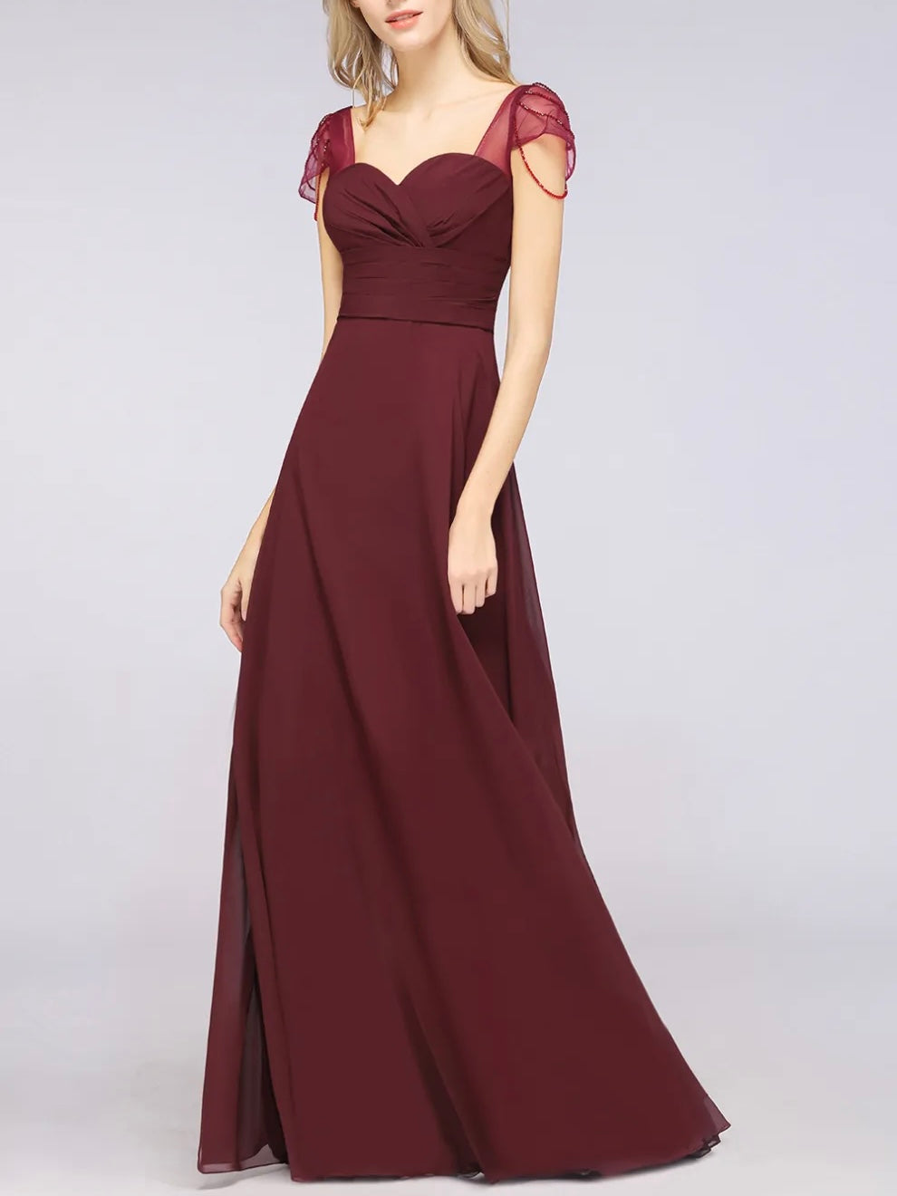 Short sleeve V neck floor length prom and formal party dress