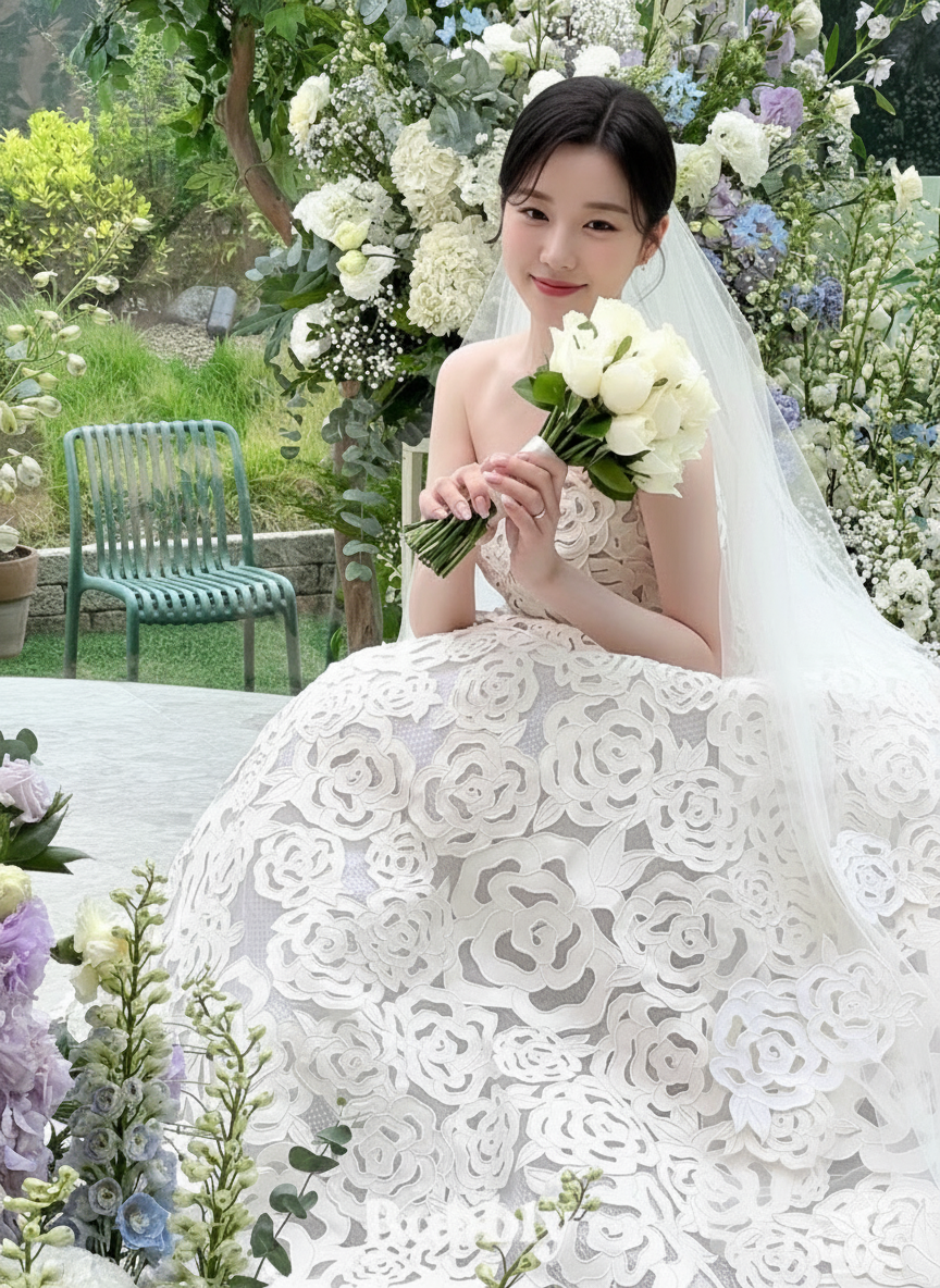 Stunning floral design lace off the shoulder floor length with veil bridal gown