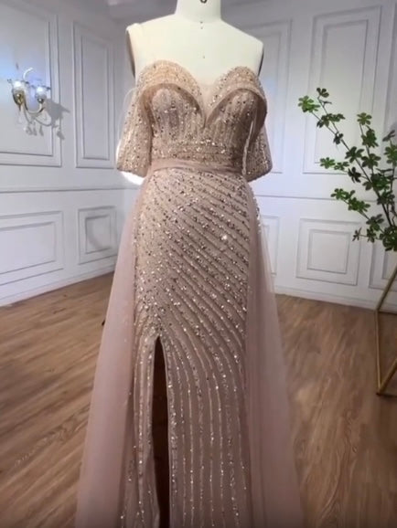 Mermaid style side split sparkling sequined off the shoulder straps gorgeous party dress