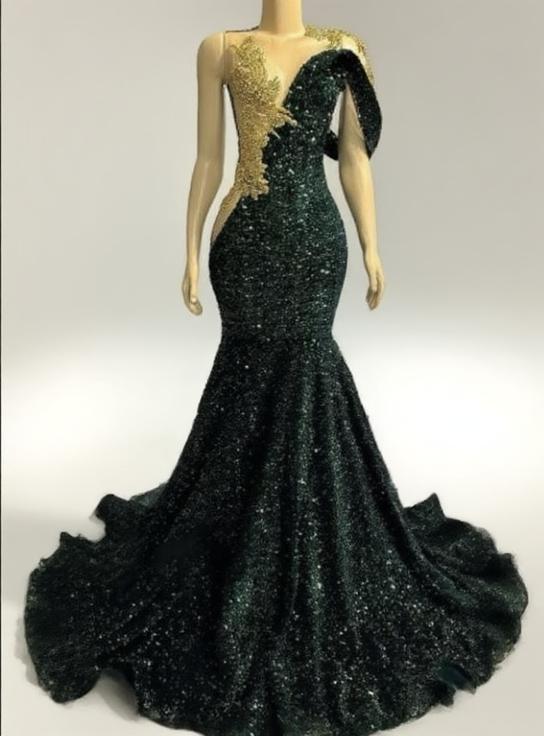 One shoulder Glittered Mermaid style dark green prom and party dress