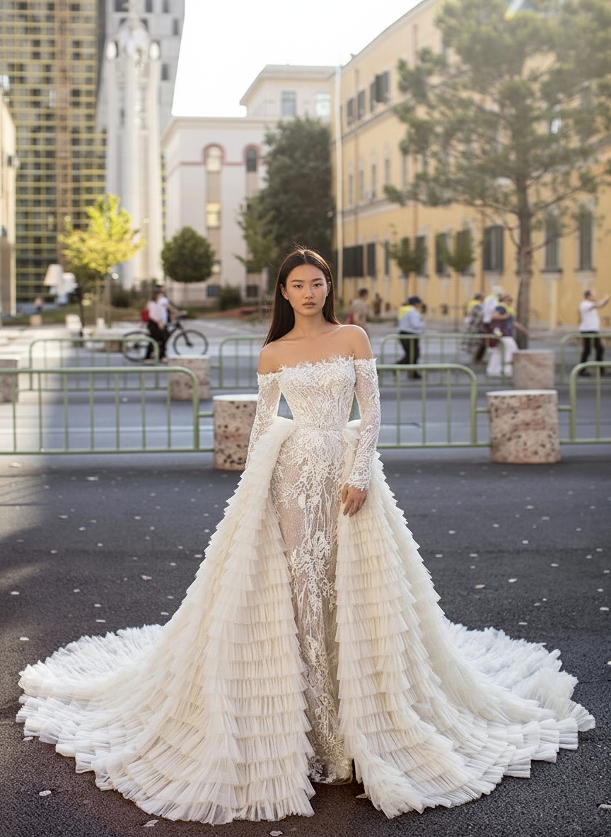 Long sleeve low back cathedral length with detachable overskirt bridal dress