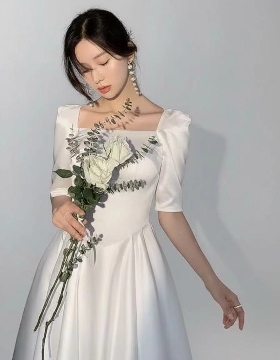 Satin Quartar length short sleeve Bridal and bridesmaid dress