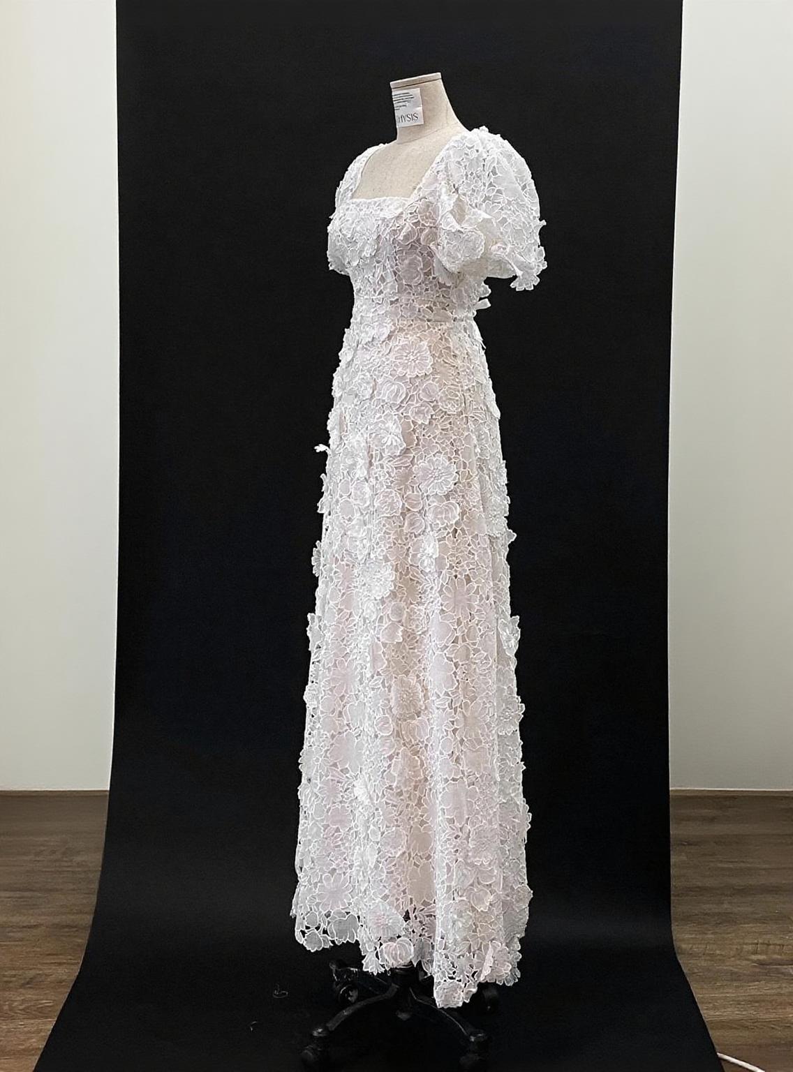 Floral Padded Puff Sleeve Dress Square neck floor length