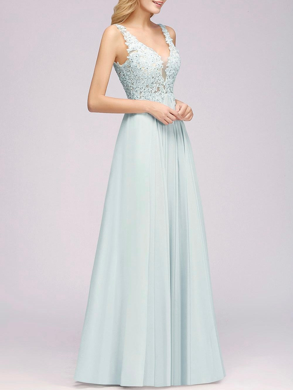 Lace straps sleeveless floor length chiffon formal party and prom dress