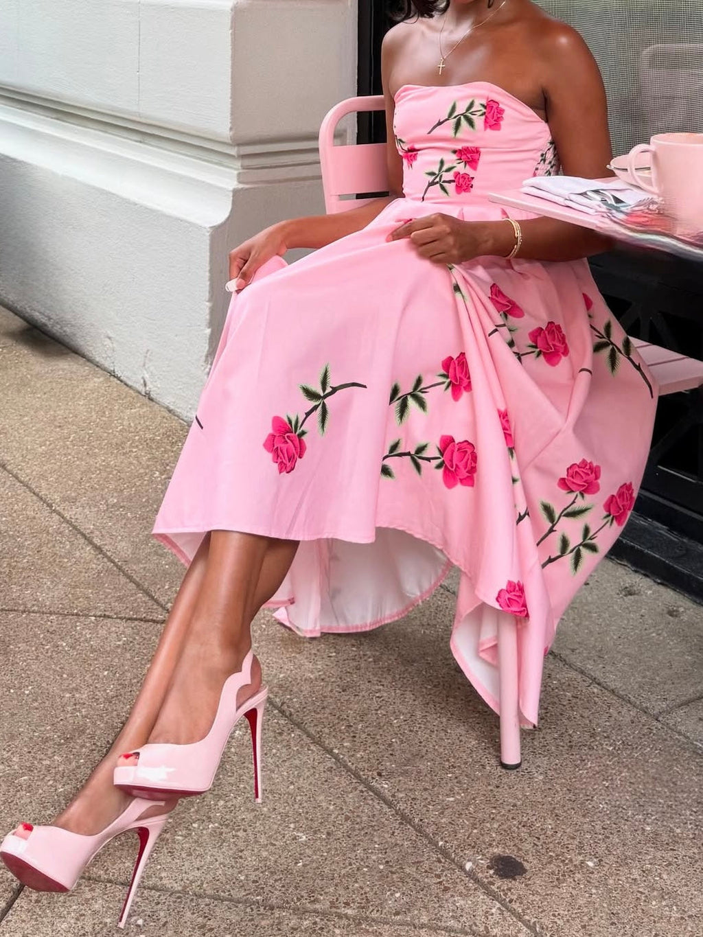 Satin flower imprinted off the shoulder sleeveless floor length party dress