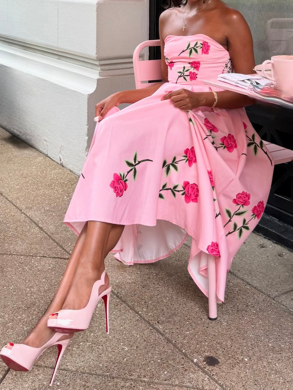 Satin flower imprinted off the shoulder sleeveless floor length party dress