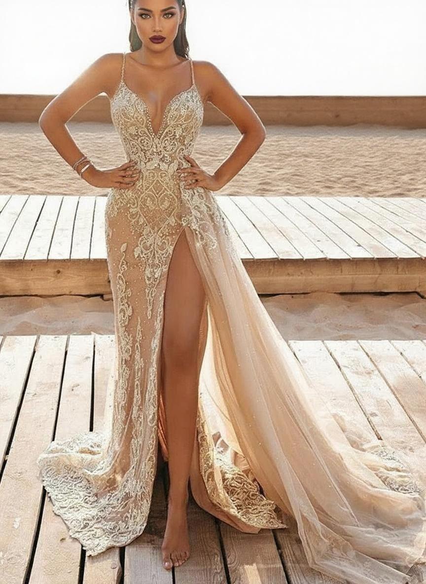 Panel length spaghetti straps deep v neck lace and yarn party dress