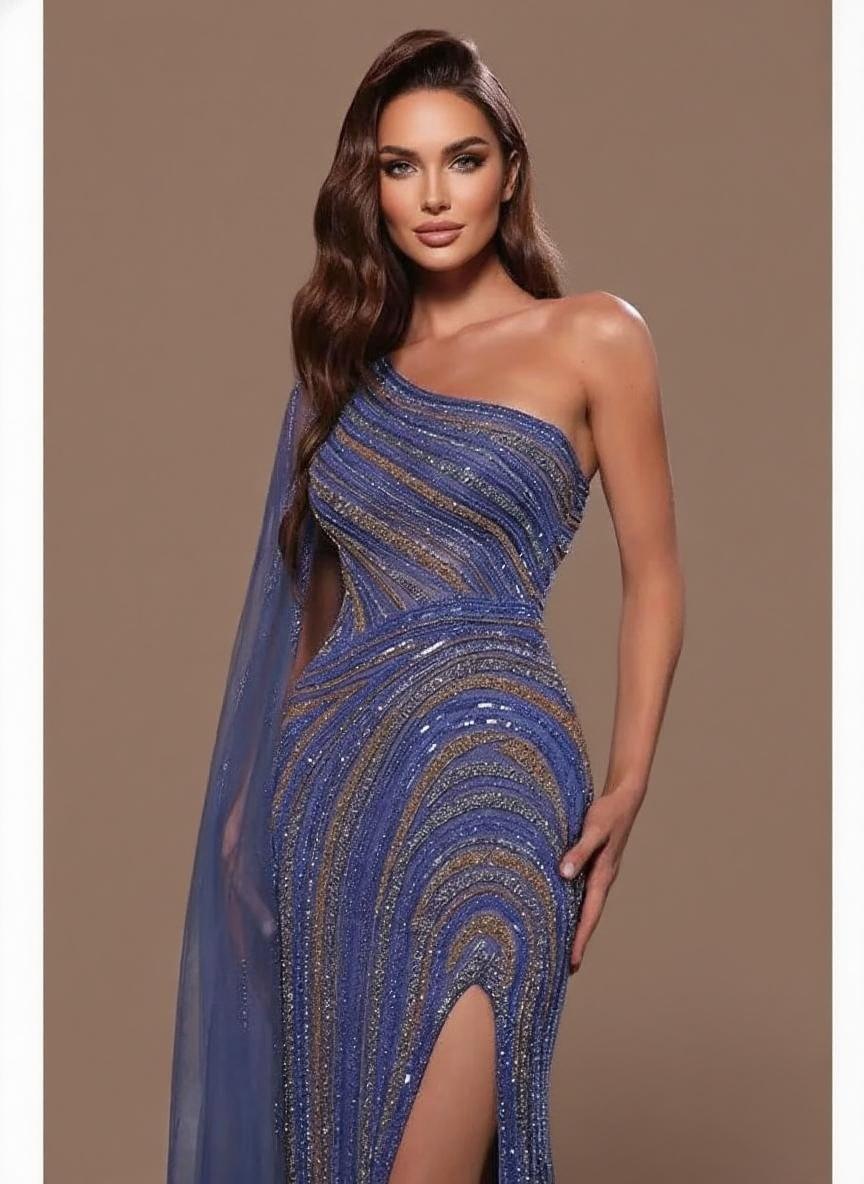 One shoulder sleeveless floor length sequin party dress