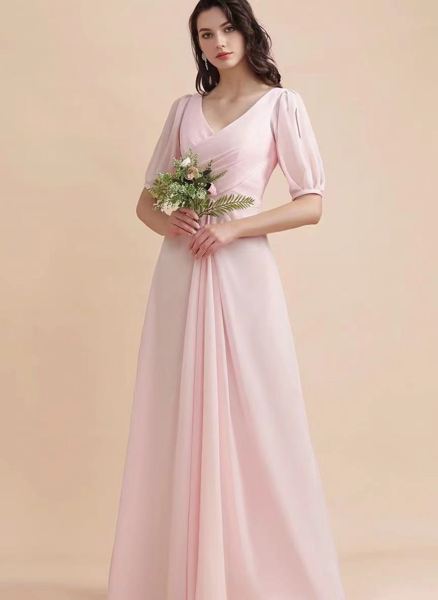 Satin sleeveless floor length V neck bridal party and prom dress pink color