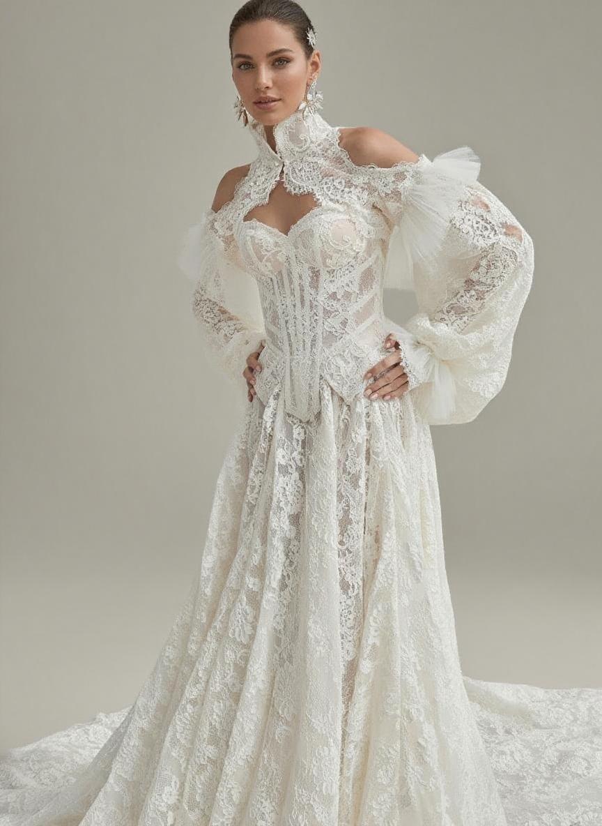 Royal style cathedral length special lacework puff long sleeve high neck bridal dress