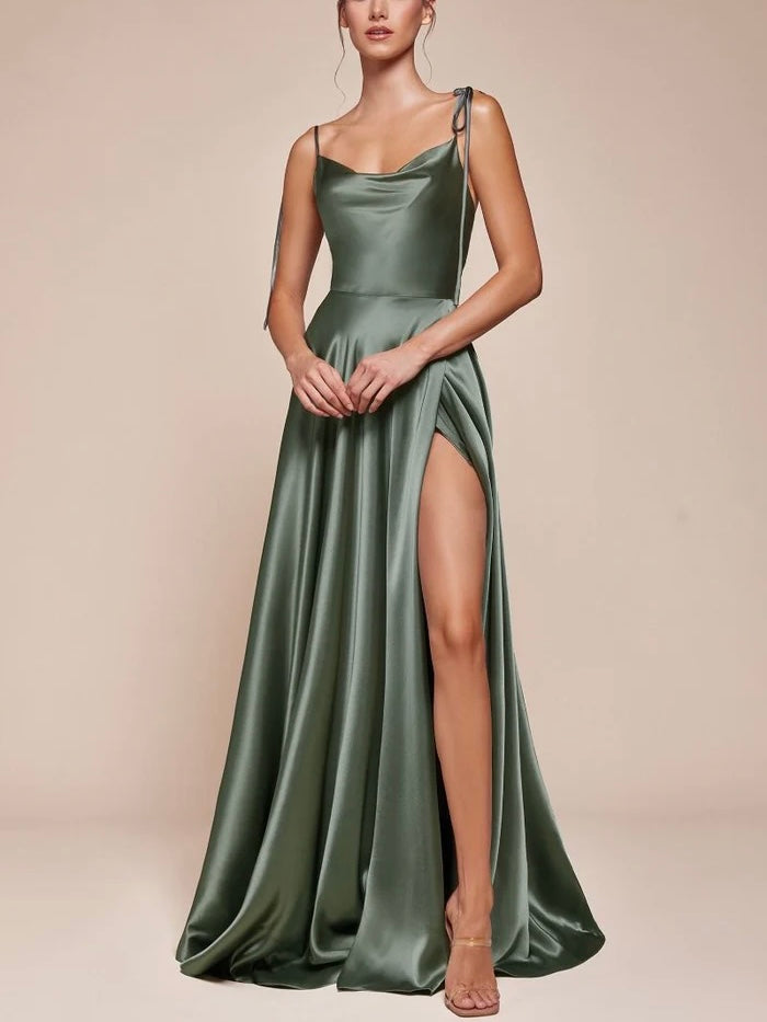 Spaghetti straps sleevless floor length satin party and prom dress