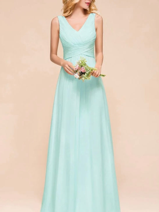 Satin sleeveless floor length V neck bridal party and prom dress