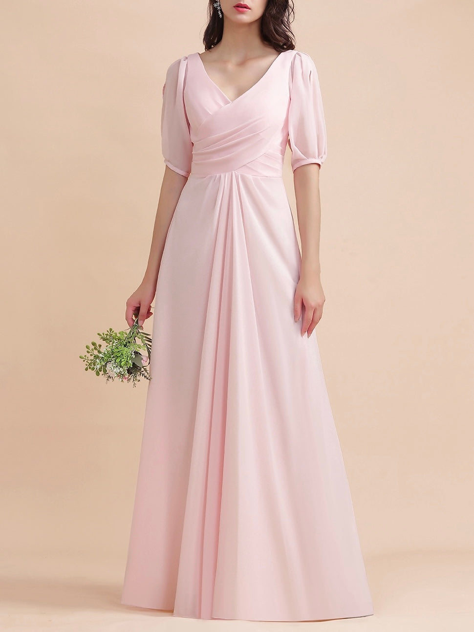 Satin sleeveless floor length V neck bridal party and prom dress pink color