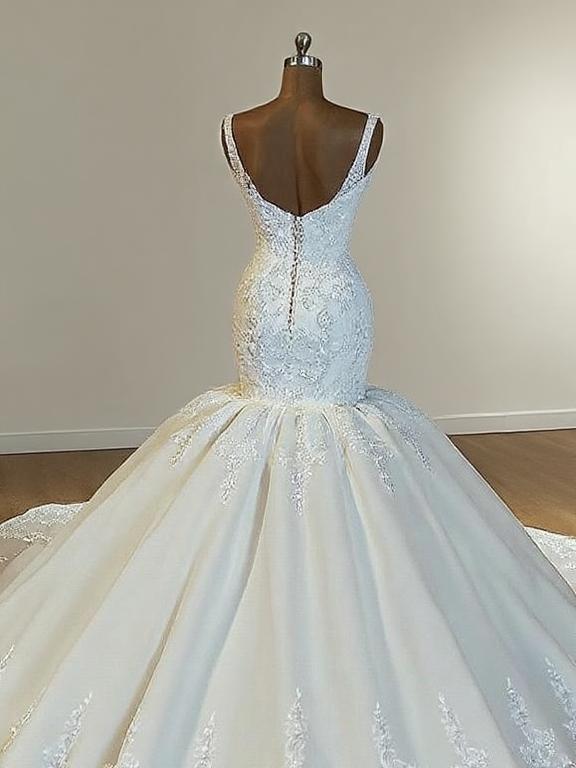 Mermaid style cathedral length v neck sleeveless sequined gorgeous bridal dress