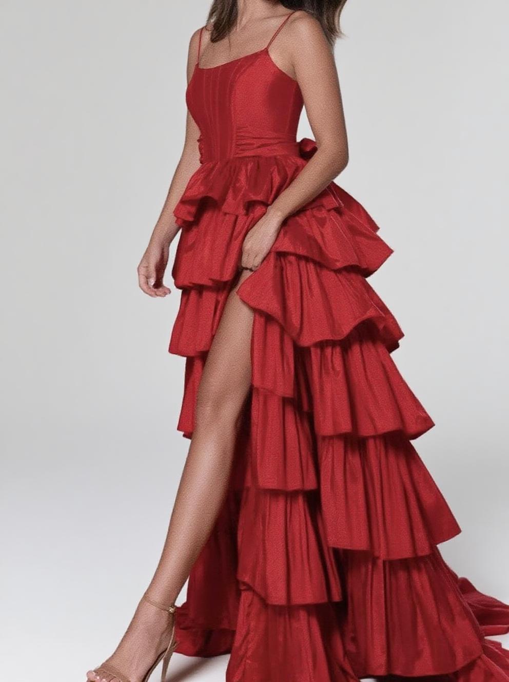 Formal gown Speghetti straps tiered layered V neck party dress