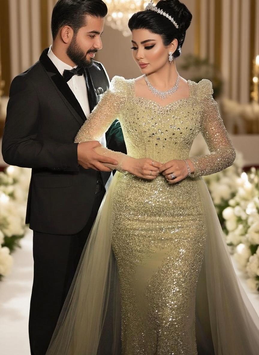 Sequined panel train long sleeves square neck gorgeous bridal dress
