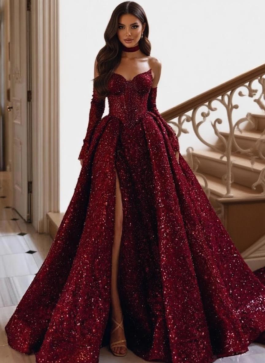 Luxurious Burgundy Split Beaded off the shoulder full sleeve formal party dress