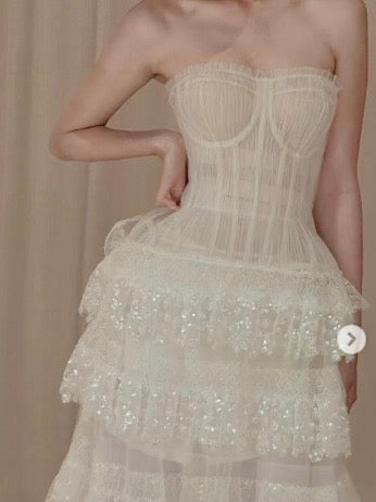 Off the shoulder Tiered layered chapel length beautiful bridal dress
