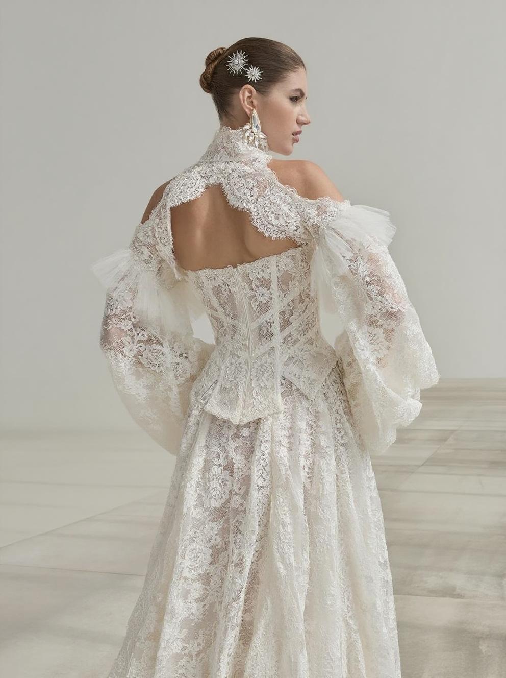 Royal style cathedral length special lacework puff long sleeve high neck bridal dress