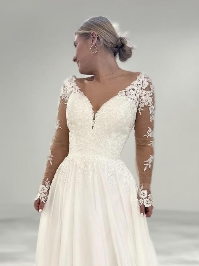 Cathedral length Lace and Chiffon full sleeve V neck backless bridal dress