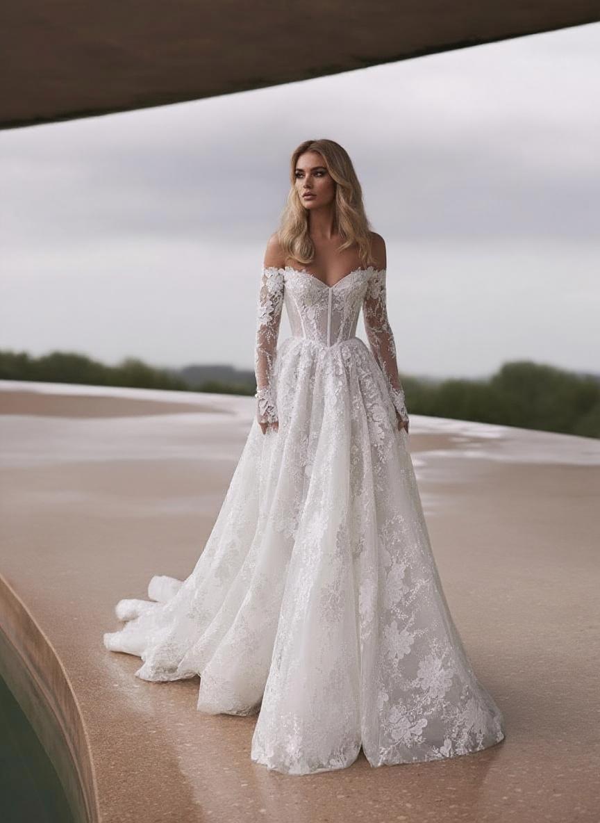 Chapel length off the shoulder floral lace design full sleeve excotic bridal dress