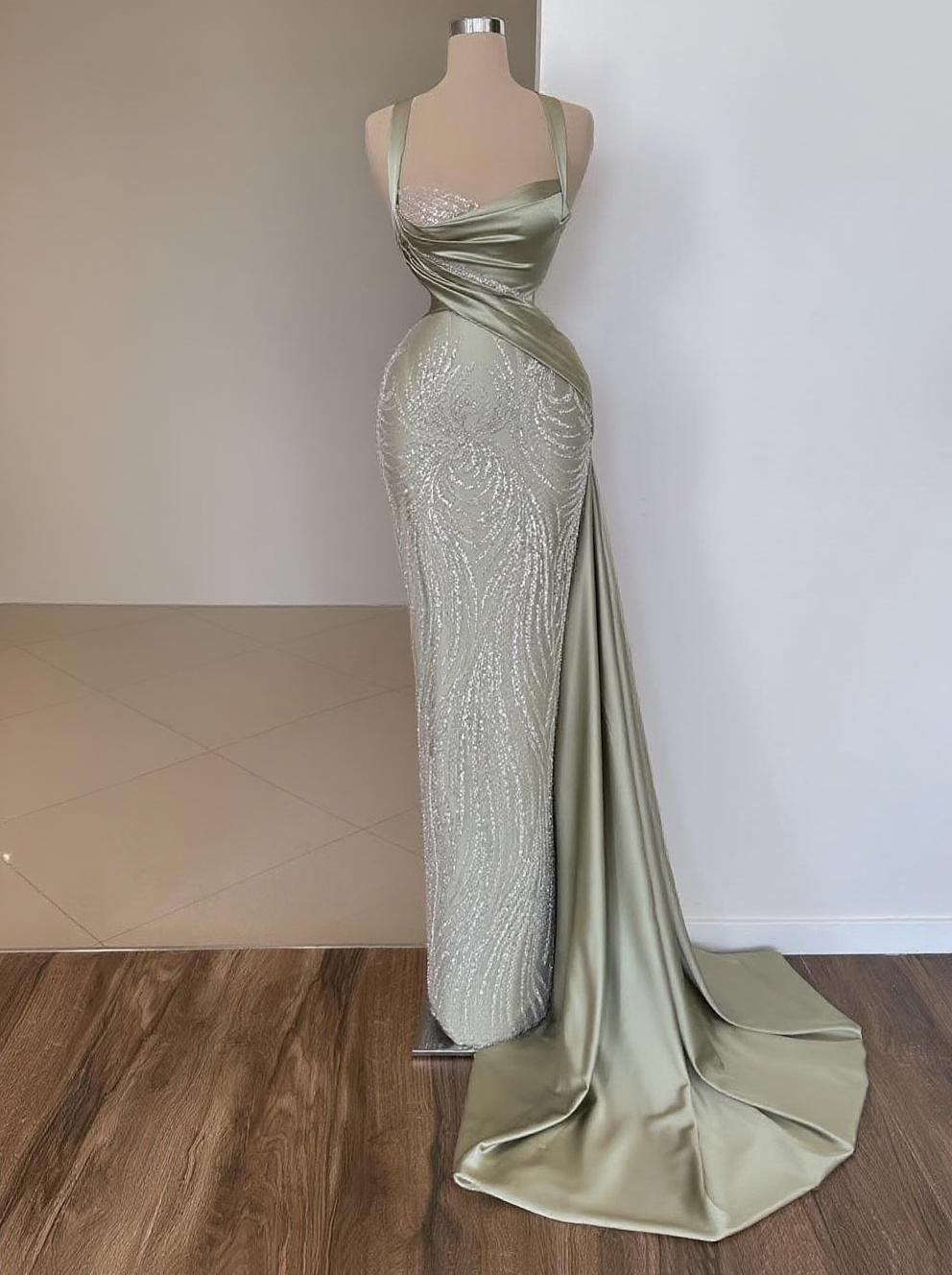 Gorgeous Mermaid style embellished sleevless with Satin Draping party dress