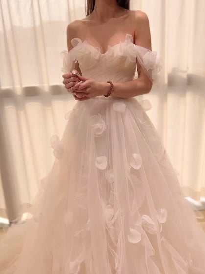 Yarn and lace floral off the shoulder side straps bridal and party gown
