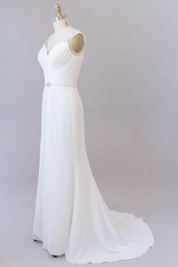 Court length Elegant Ruffle Beading Chiffon Sheath Wedding Dress