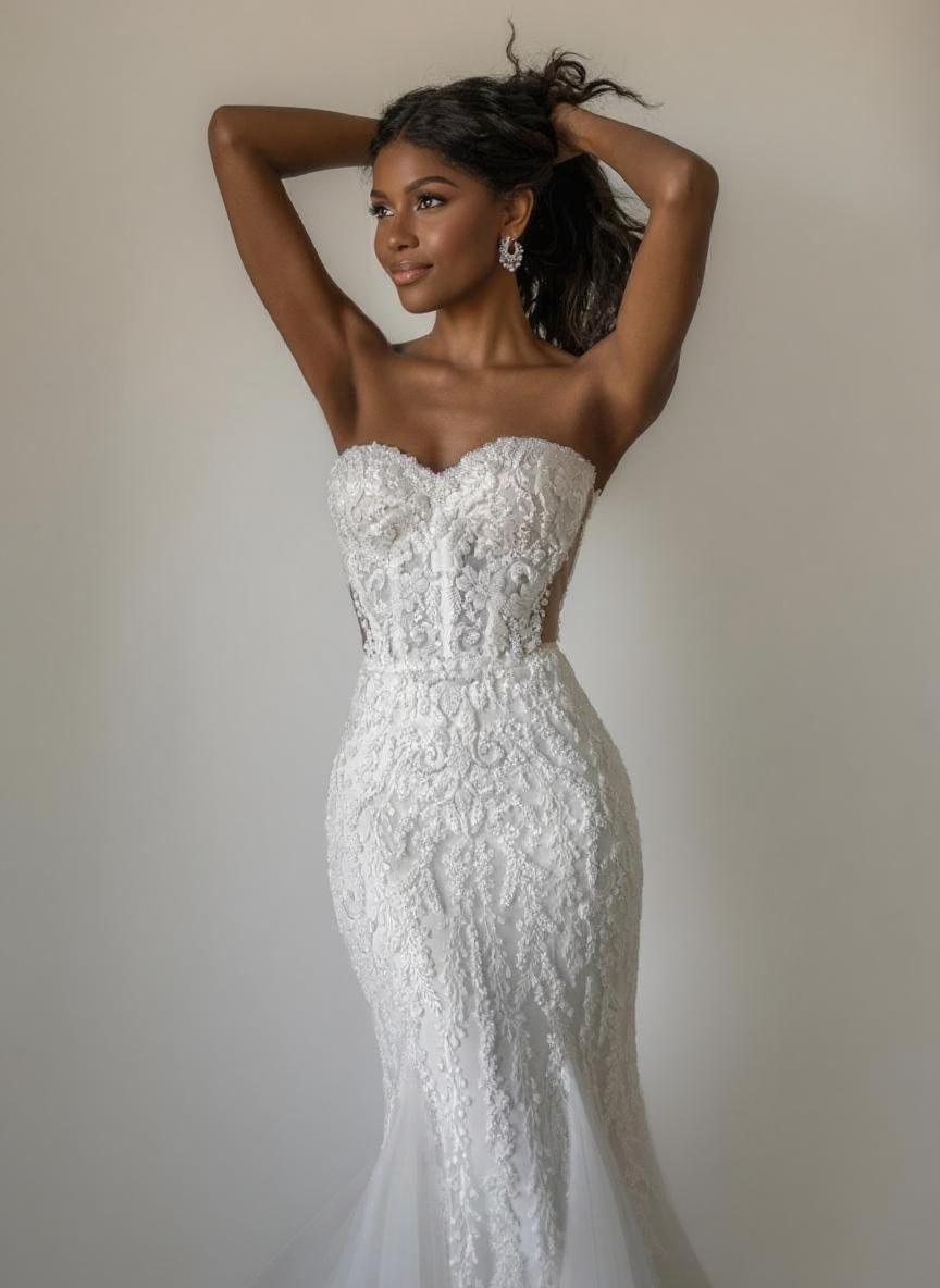 Mermaid style lace designed off the shoulder sleeveless bridal gown