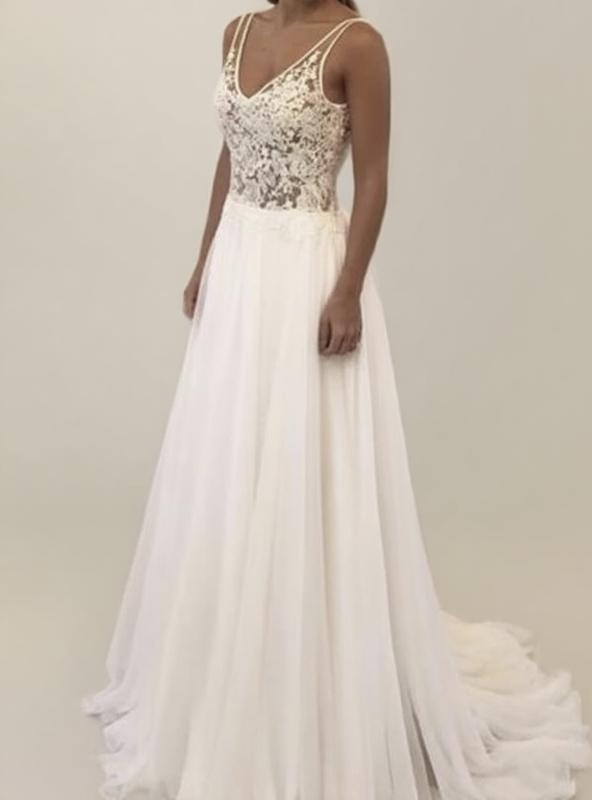 Sweep length pure white lace dress floral design